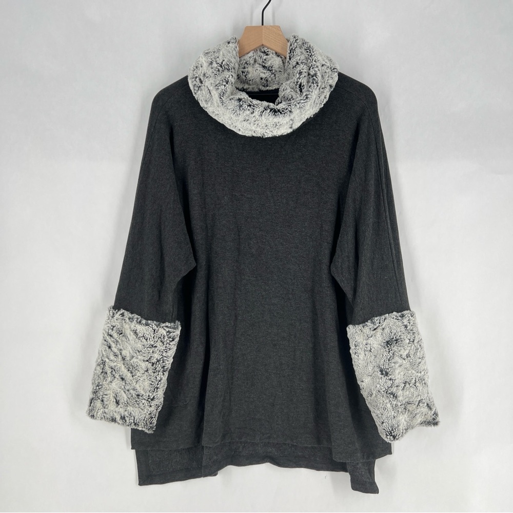 Capote Charcoal Gray Stretch Knit Faux Fur Accents Dolman Cape‎ Poncho Cozy L
